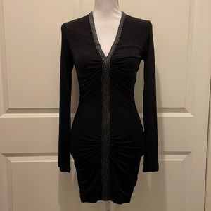 Sky Long Sleeve V-Neck Dress with Braided Leather Detail & Ruching